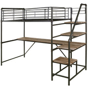 Left-angled industrial loft bed with desk underneath and staircase with pipe details on a white background