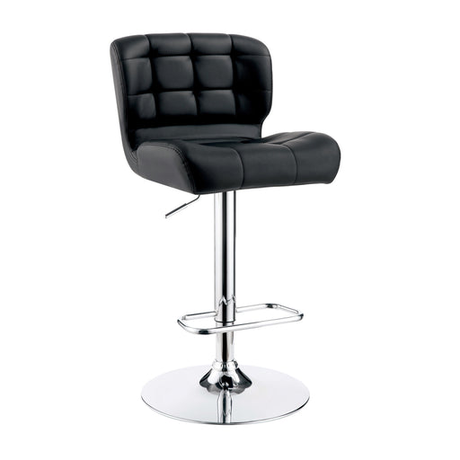 Right-angled black leatherette bar chair against a white background. The biscuit tufted swivel seat is a modern look against the chrome pedestal base with footrest.