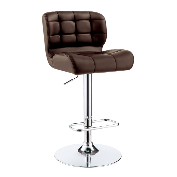 Right-angled brown leatherette bar chair against a white background. The biscuit tufted swivel seat is a modern look against the chrome pedestal base with footrest.