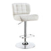 Right-angled white leatherette bar chair against a white background. The biscuit tufted swivel seat is a modern look against the chrome pedestal base with footrest.