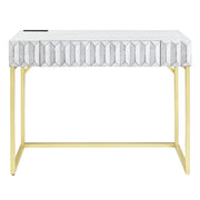 Front-facing view of antique white finish mid-century modern writing desk with drawer on white background