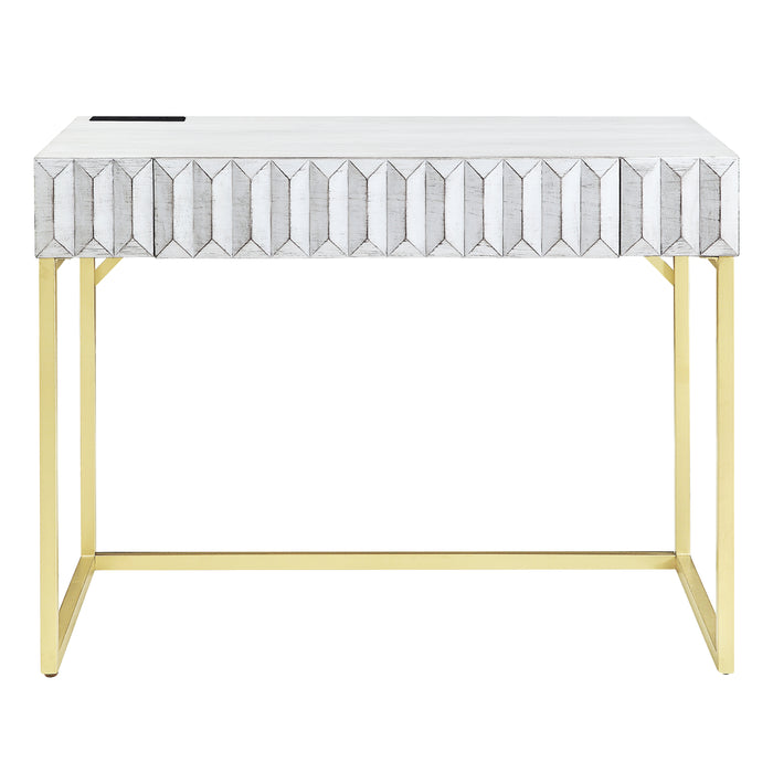 Front-facing view of antique white finish mid-century modern writing desk with drawer on white background