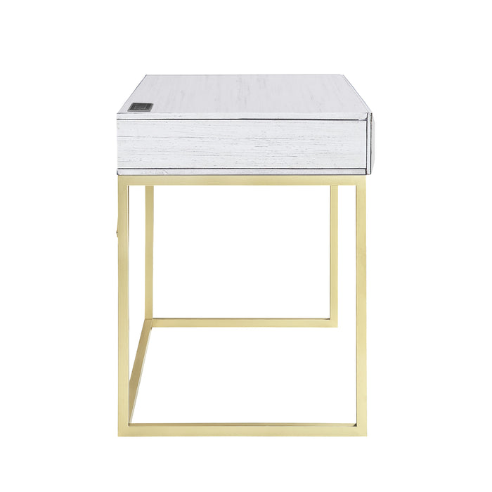 Side-facing view of antique white finish mid-century modern writing desk with drawer on white background