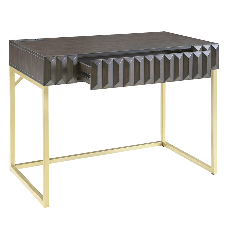 Angled right-facing view of walnut finish mid-century modern writing desk with drawer on white background