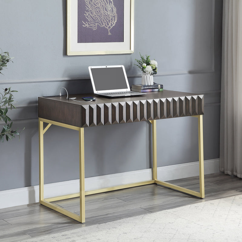 Angled right-facing view of walnut finish mid-century modern writing desk with drawer in room with accessories