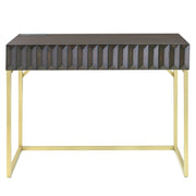 Front-facing view of walnut finish mid-century modern writing desk with drawer on white background