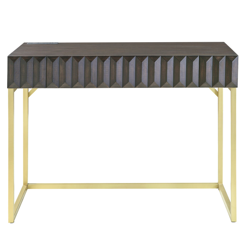 Front-facing view of walnut finish mid-century modern writing desk with drawer on white background