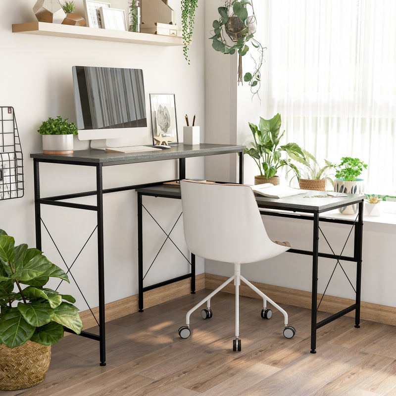 Schmitt Distressed Grey Sit-to-Stand L-shaped Desk with USBs & Outlet