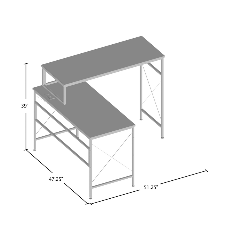 Schmitt Distressed Grey Sit-to-Stand L-shaped Desk with USBs & Outlet