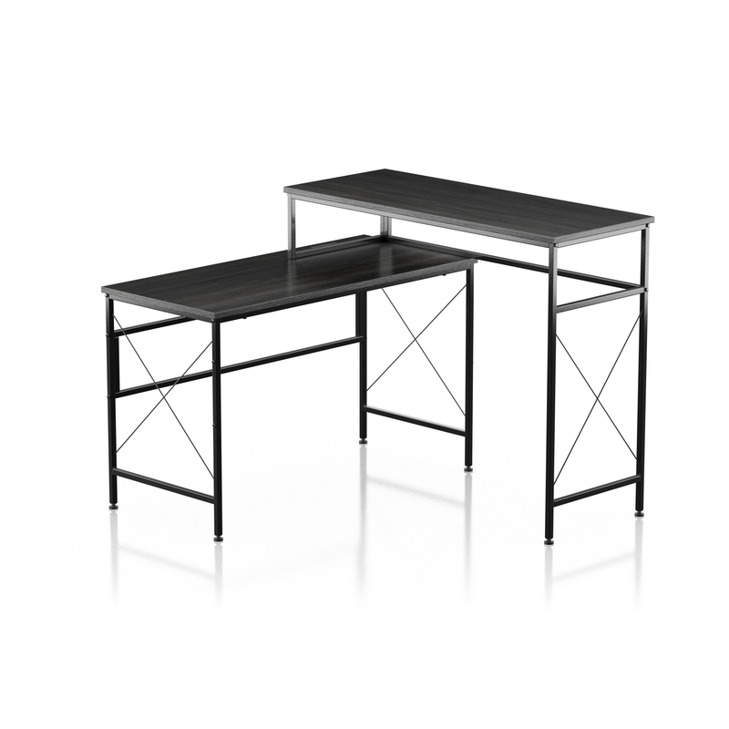 Schmitt Distressed Grey Sit-to-Stand L-shaped Desk with USBs & Outlet