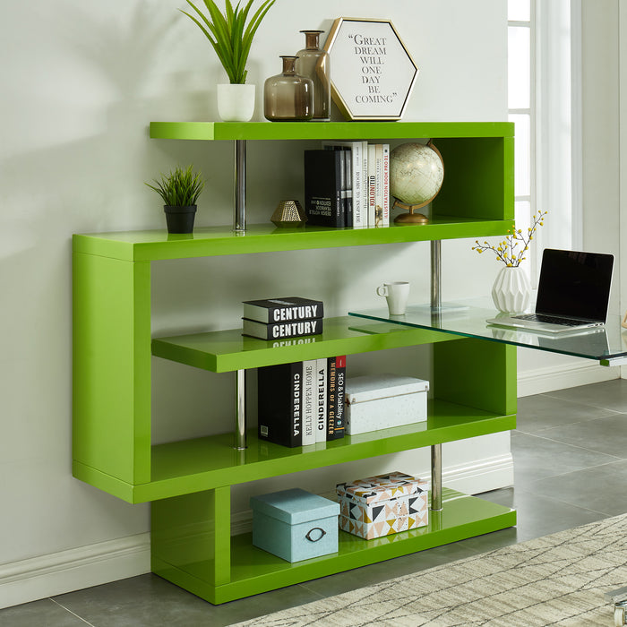 Kylo Green & Chrome Convertible Bookshelf to Glass Top L-Shape Desk