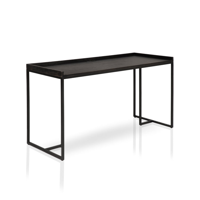 Angled right-facing view of black metal and MDF urban desk on white background