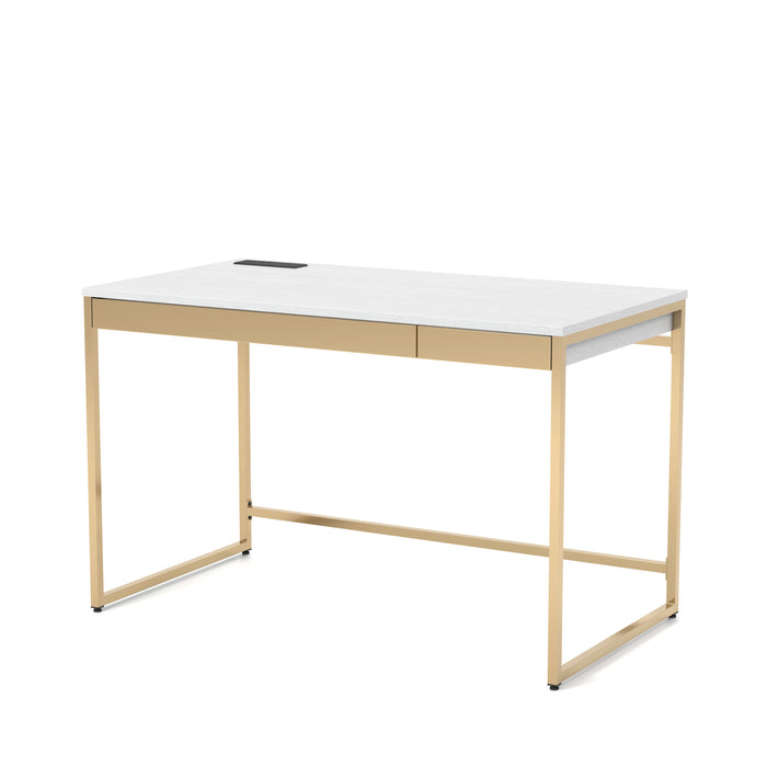 Angled left-facing view of white and copper plating finish glam steel and wood desk on white background