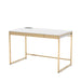 Angled left-facing view of white and copper plating finish glam steel and wood desk on white background