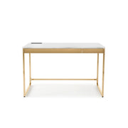Forward-facing view of white and copper plating finish glam steel and wood desk on white background