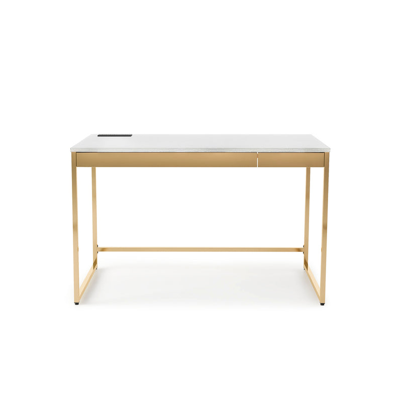 Forward-facing view of white and copper plating finish glam steel and wood desk on white background