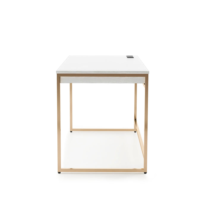 Side-facing view of white and copper plating finish glam steel and wood desk on white background