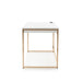 Side-facing view of white and copper plating finish glam steel and wood desk on white background