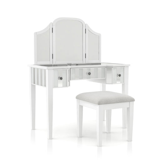 Right-angled white vanity set against a white background. This vanity table features a trifold mirror, mirrored tabletop, and stripe frosted mirrored drawers with acrylic knobs. It stands on long tapered legs to match the fabric-top stool.