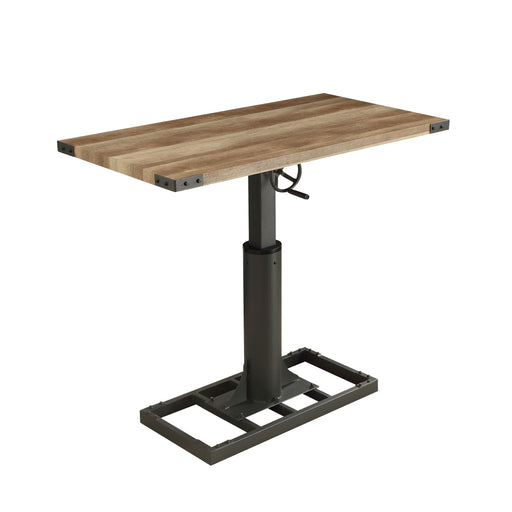 Angled right-facing view of industrial black and rustic oak steel and veneer adjustable desk on white background