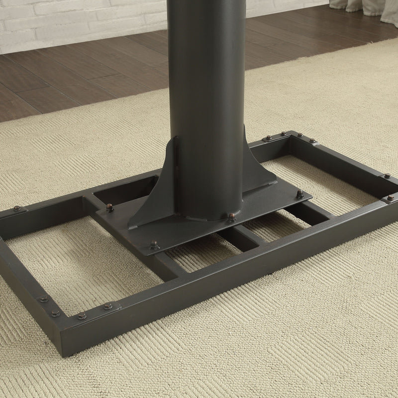 Angled and cropped right-facing view of metal base of industrial black and rustic oak steel and veneer adjustable desk in living space