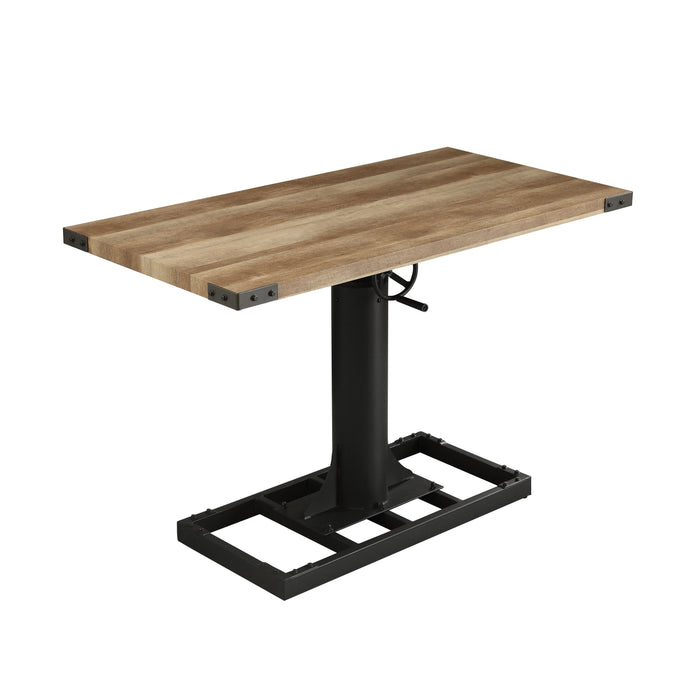 Angled right-facing view of industrial black and rustic oak steel and veneer adjustable desk on white background