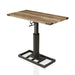 Angled left-facing view of industrial black and rustic oak steel and veneer adjustable desk on white background