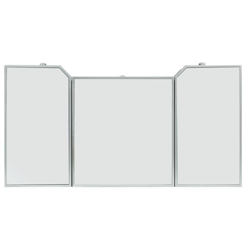 Top view of a silver vanity table against a white background. This vanity table features a mirrored tabletop.