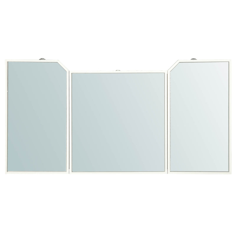 Top view of a white vanity table against a white background. This vanity table features a mirrored tabletop.