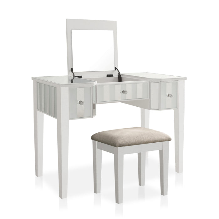 Right-angled white vanity set against a white background. This vanity table features a mirrored tabletop, stripe frosted mirrored drawers with acrylic knobs, and a lift-top with an underside mirror. It stands on long tapered legs to match the fabric-top stool.