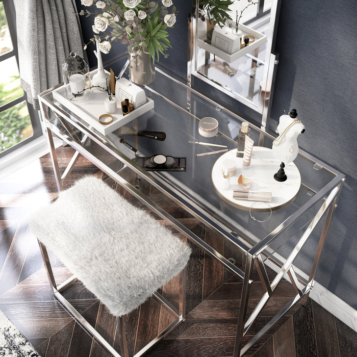 Soriah Metal Frame and Glass Tabletop Vanity Set with Faux Fur Stool