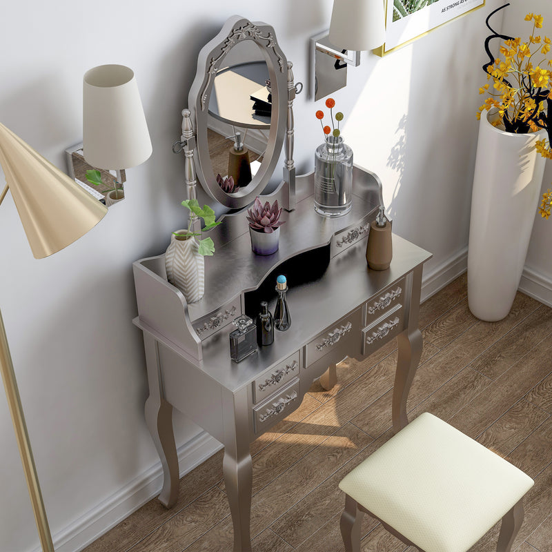 Ellie Traditional Adjustable Mirror 2-Piece Vanity Table and Stool Set