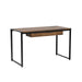 Angled right-facing view of contemporary sand black and natural tone steel and particle board writing desk on white background