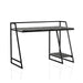 Angled left-facing view of urban light gray and matte black steel writing desk on white background