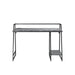 Front-facing view of urban light gray and matte black steel writing desk on white background