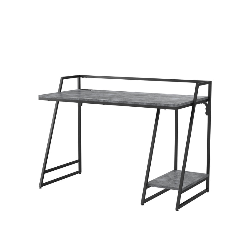 Angled right-facing view of urban light gray and matte black steel writing desk on white background