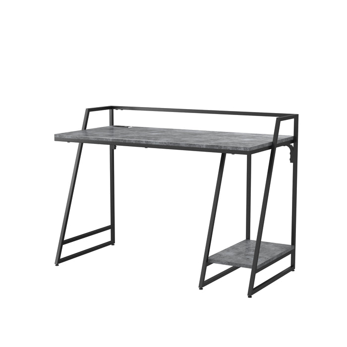 Angled right-facing view of urban light gray and matte black steel writing desk on white background