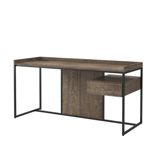 Left angled industrial one-drawer rustic oak and black writing desk with power outlets and USB ports on a white background