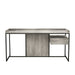 Front-facing view of industrial light gray and matte black steel and particle board writing desk on white background
