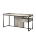 Angled right-facing view of industrial light gray and matte black steel and particle board writing desk on white background