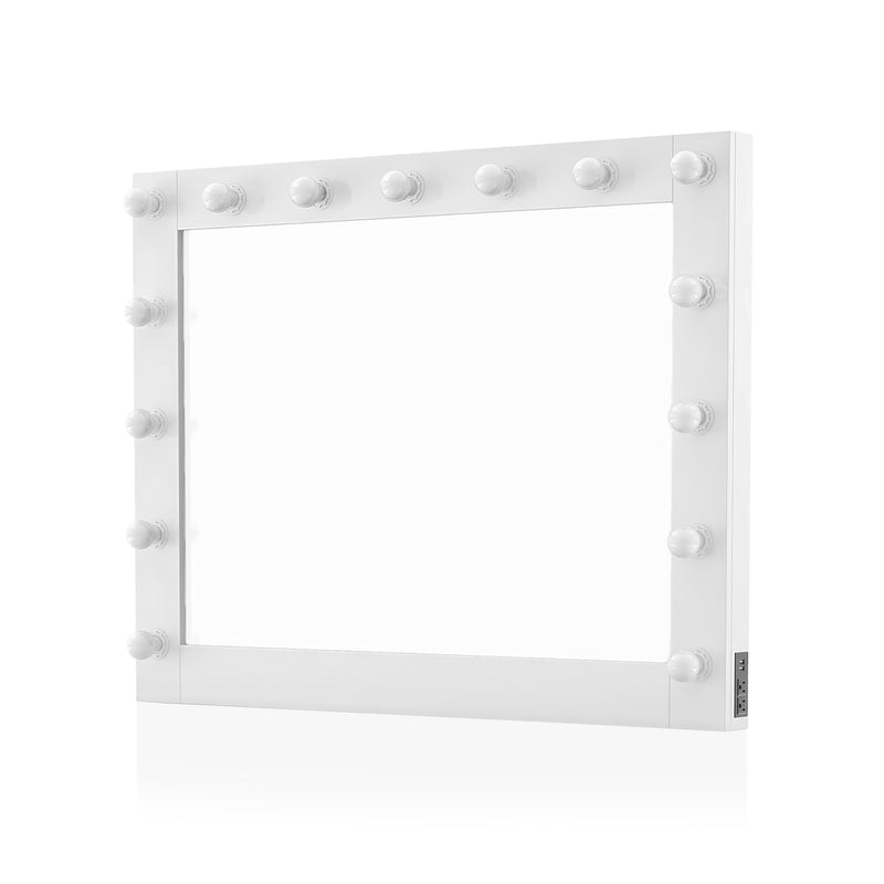 Angled view of glam luminous white glass and MDF rectangular mirror on white background