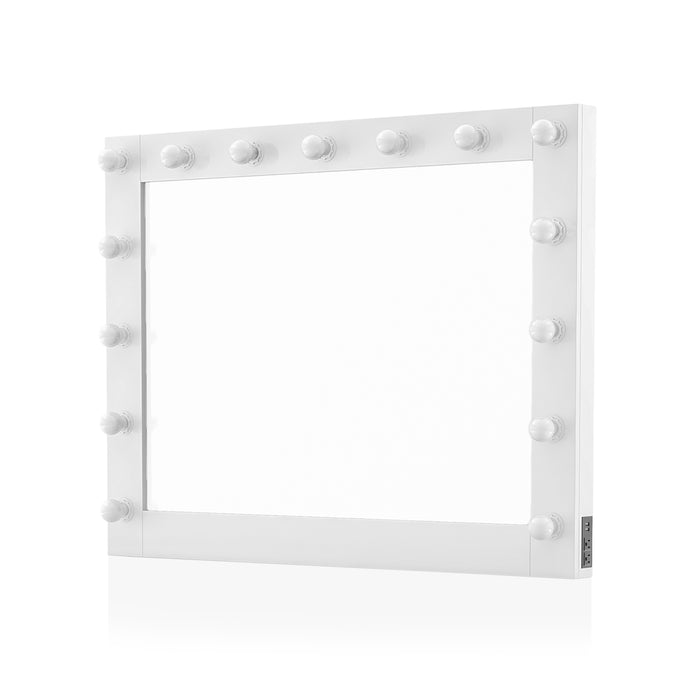 Angled view of glam luminous white glass and MDF rectangular mirror on white background