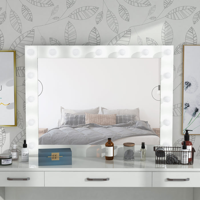 Front-facing view of glam luminous white glass and MDF rectangular mirror in living space with furnishings and accessories