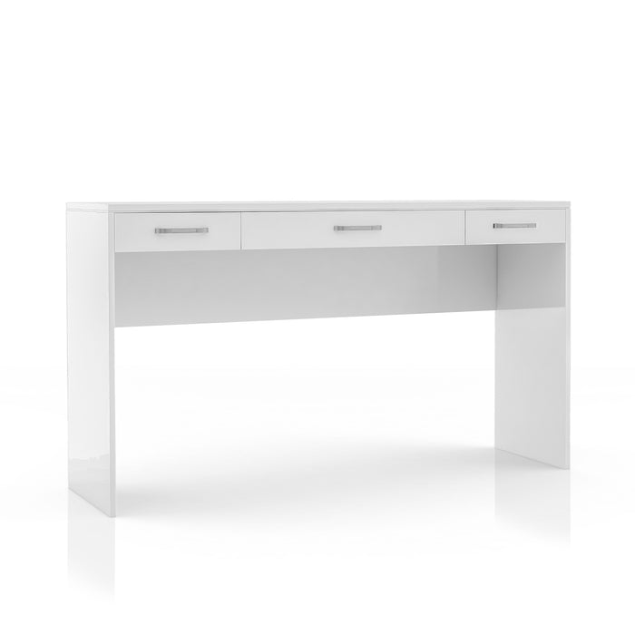 Angled front-facing view of glam luminous white pine wood three-drawer vanity table on white background