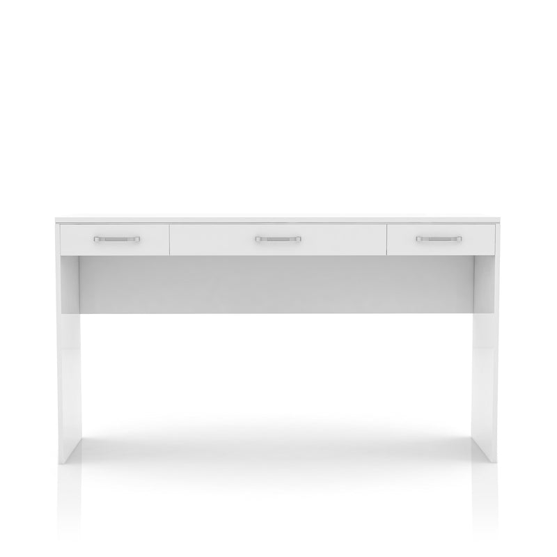 Front-facing view of glam luminous white pine wood three-drawer vanity table on white background