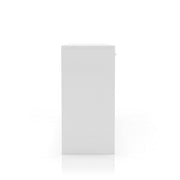 Side-facing view of glam luminous white pine wood three-drawer vanity table on white background