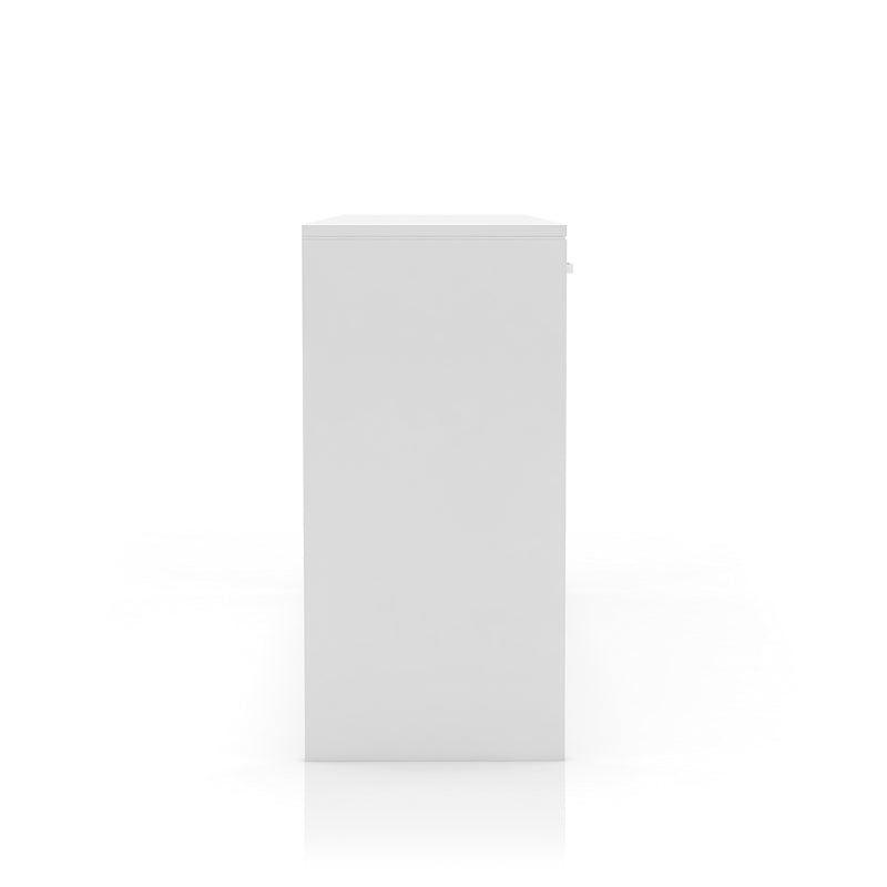 Side-facing view of glam luminous white pine wood three-drawer vanity table on white background