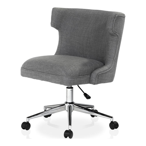 Left angled gray and chrome wingback office chair on a white background