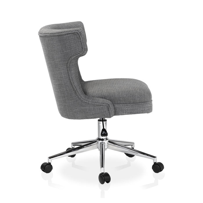 Front facing side view of a gray and chrome wingback office chair on a white background