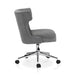 Front facing side view of a gray and chrome wingback office chair on a white background